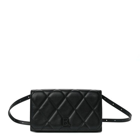 BALENCIAGA Calfskin Quilted Touch B Phone Holder With Strap Black