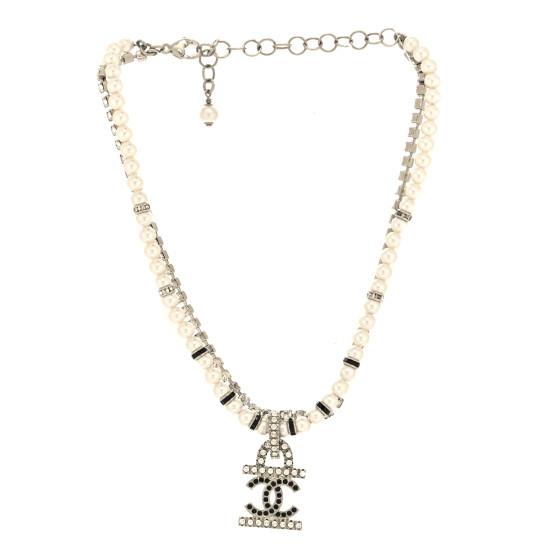 CHANEL Pearl Crystal CC Choker Necklace Silver White Black