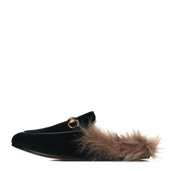 GUCCI Velvet Fur Womens Princetown Slippers 35.5 Black