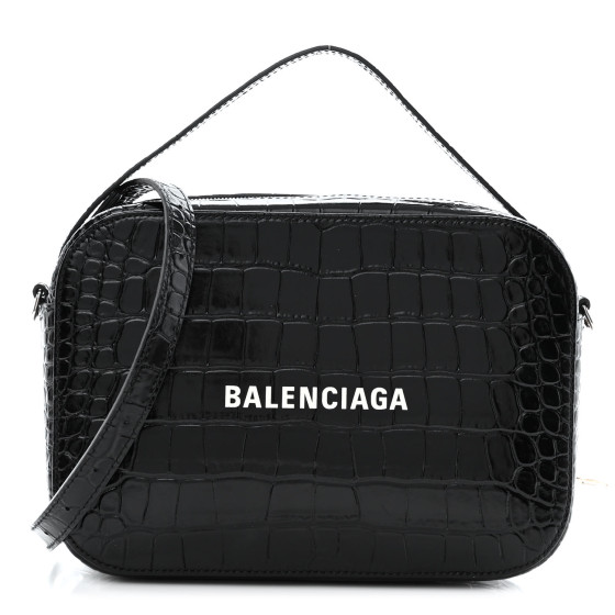 BALENCIAGA Crocodile Embossed Calfskin Logo S Everyday Camera Bag Black