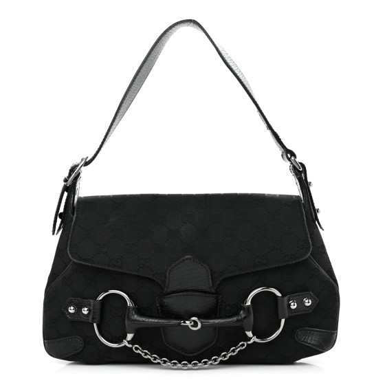 GUCCI Monogram Horsebit Chain Flap Shoulder Bag Black