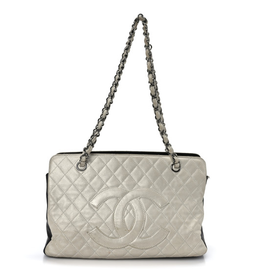 CHANEL Metallic Lambskin Quilted Timeless CC Tote White Black
