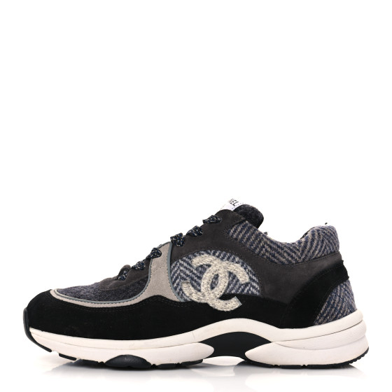 CHANEL Fabric Suede Calfskin CC Sneakers 39 Black Grey Dark Grey