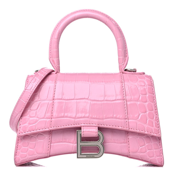 BALENCIAGA Shiny Calfskin Crocodile Embossed Hourglass Top Handle Bag XS Light Pink