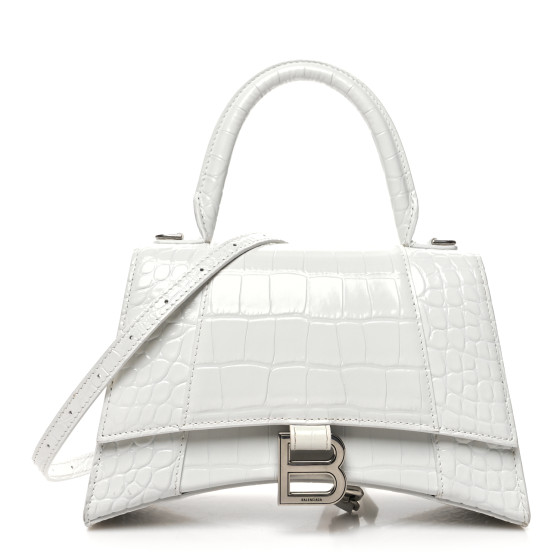 BALENCIAGA Calfskin Crocodile Embossed Small Hourglass Top Handle Bag White