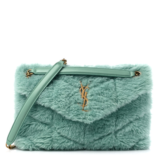 SAINT LAURENT Merino Shearling Lambskin Quilted Small Loulou Puffer Monogram Chain Satchel Iced Mint