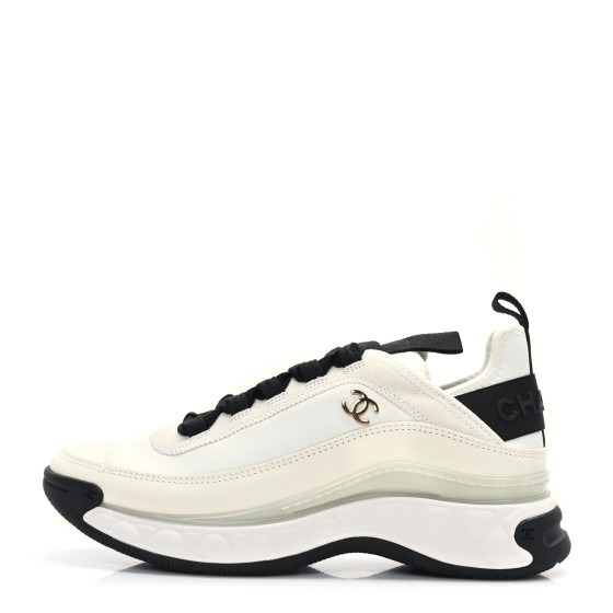 CHANEL Velvet Calfskin Mixed Fibers CC Sneakers 37 Ivory Black