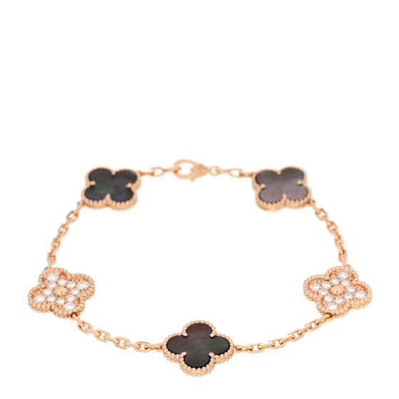 VAN CLEEF & ARPELS 18K Rose Gold Diamond Gray Mother of Pearl 5 Motifs Vintage Alhambra Bracelet
