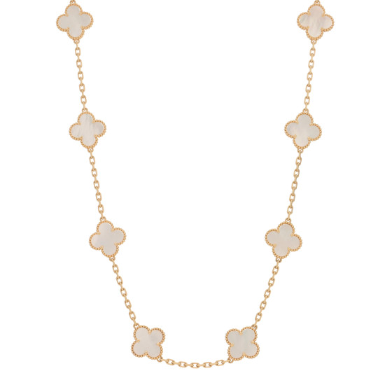 VAN CLEEF & ARPELS 18K Yellow Gold Mother of Pearl 10 Motifs Vintage Alhambra Necklace