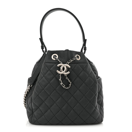 CHANEL Caviar Flat Quilted CC Chain Bucket Drawstring Bag Navy