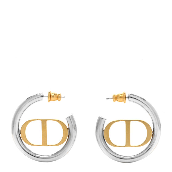CHRISTIAN DIOR Metal 30 Montaigne Two Tone Hoop Earrings Gold Silver
