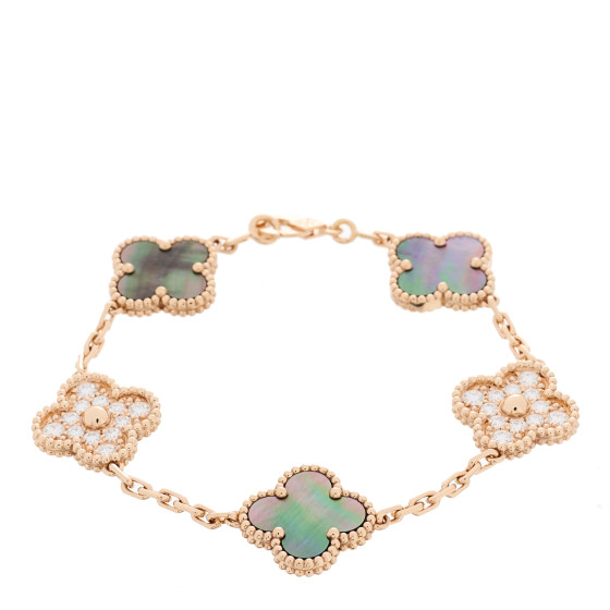 VAN CLEEF & ARPELS 18K Rose Gold Diamond Gray Mother of Pearl 5 Motifs Vintage Alhambra Bracelet