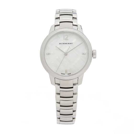 BURBERRY Stainless Steel Diamond Mother of Pearl 32mm Classic Round Quartz Watch BU10110