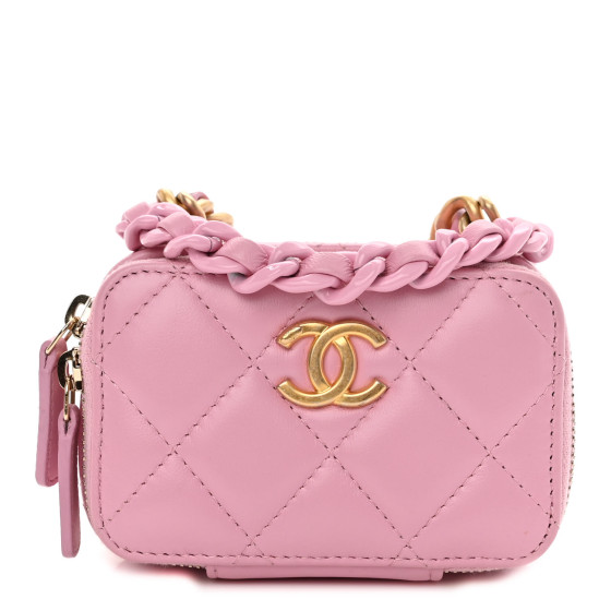 CHANEL Lambskin Quilted Mini Lacquered Chain Clutch Pink