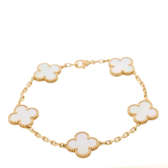 VAN CLEEF & ARPELS 18K Yellow Gold Mother of Pearl 5 Motifs Vintage Alhambra Bracelet