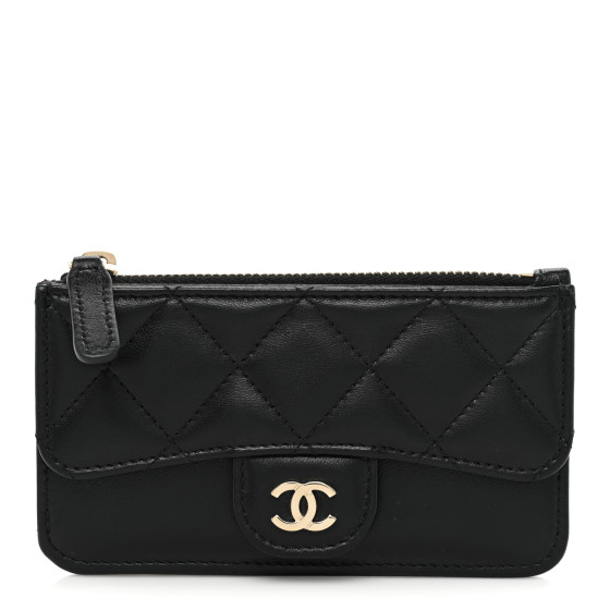 CHANEL Lambskin Quilted Flap Zip Card Holder Black