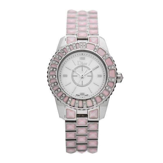 CHRISTIAN DIOR Stainless Steel Diamond Sapphire Pink Mother of Pearl 29mm Christal Quartz Watch