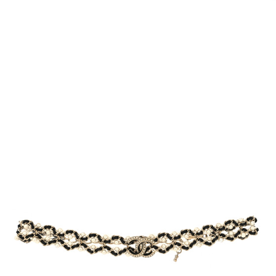 CHANEL Pearl Lambskin CC Chain Twist Choker Necklace Black Gold