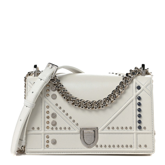 CHRISTIAN DIOR Lambskin Crystal Studded Small Diorama Flap Bag Off White