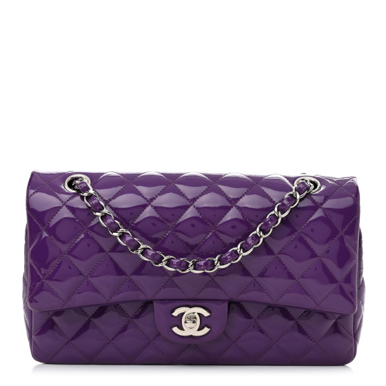 CHANEL Patent Calfskin Quilted Medium Double Flap Purple