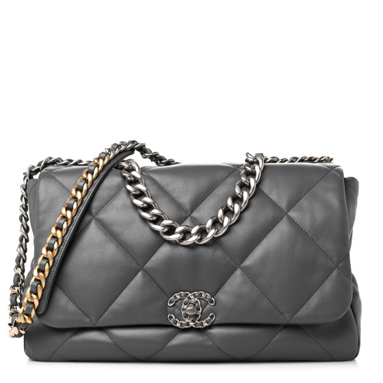 CHANEL Lambskin Quilted Maxi Chanel 19 Flap Dark Grey