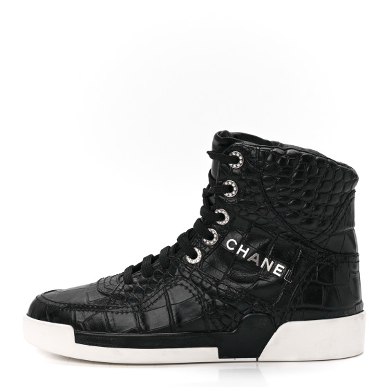 CHANEL Calfskin Crocodile Embossed Cocodile High Top Sneakers 37 Black