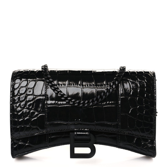 BALENCIAGA Shiny Calfskin Crocodile Embossed Hourglass Chain Bag Black
