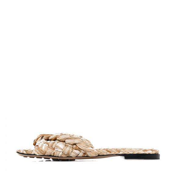 BOTTEGA VENETA Raffia Twisted Intrecciato Stretch Flat Sandals 36.5 Macadamia