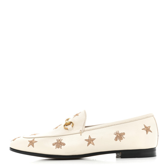 GUCCI Goatskin Bee Star Embroidered Womens Jordaan Loafers 40 Mystic White