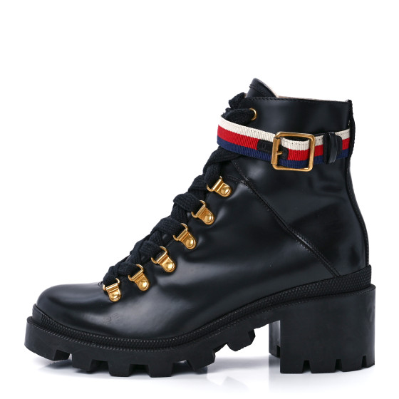 GUCCI Calfskin Sylvie Web Womens Lace Up Combat Boots 37.5 Black
