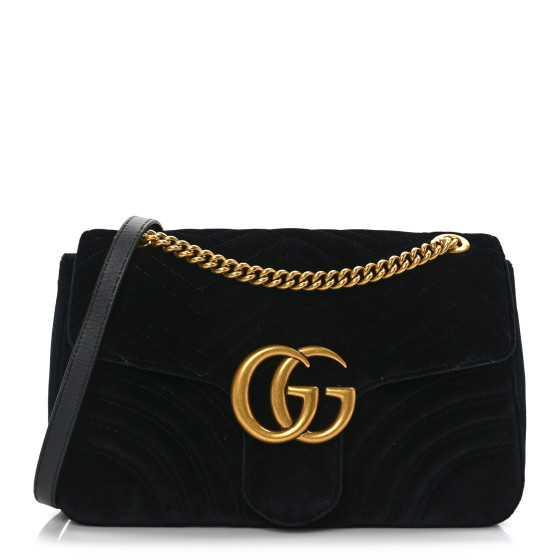GUCCI Velvet Matelasse Medium GG Marmont Shoulder Bag Black