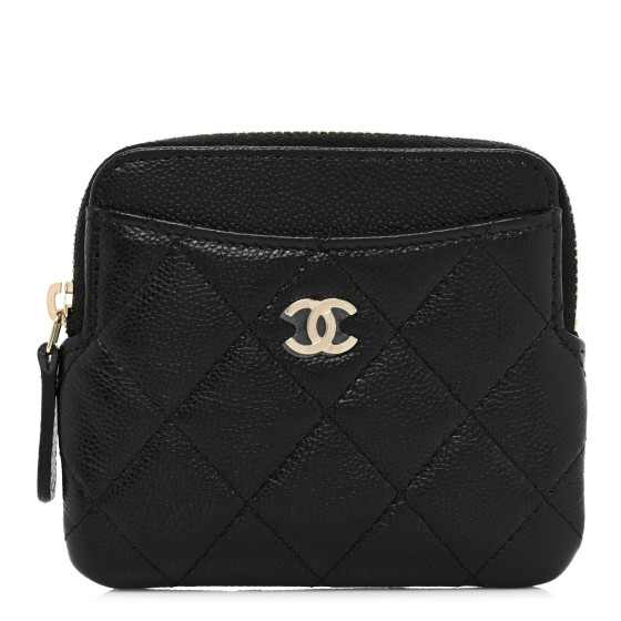 CHANEL Caviar Quilted Zip Card Holder Wallet Black