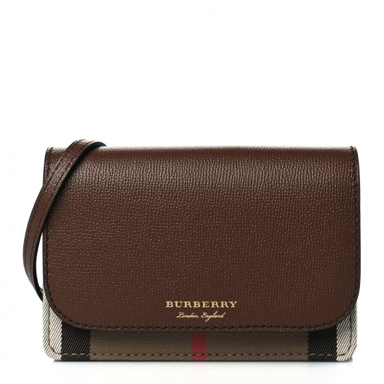 BURBERRY Grained Calfskin House Check Tartan Mix Hampshire Wallet On Chain Tan