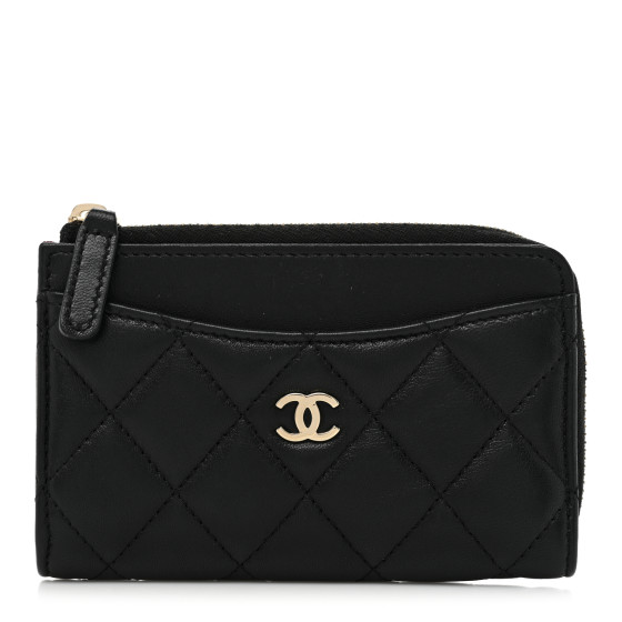 CHANEL Lambskin Quilted Zip Card Holder Black