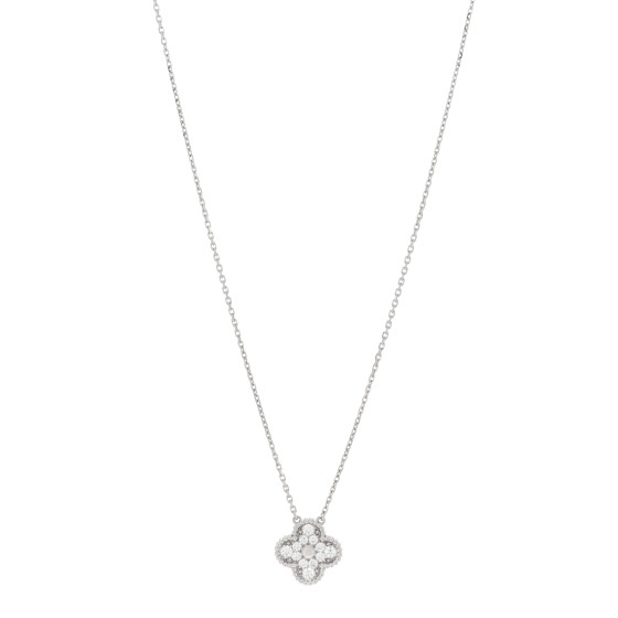 VAN CLEEF & ARPELS 18K White Gold Diamond Vintage Alhambra Pendant Necklace