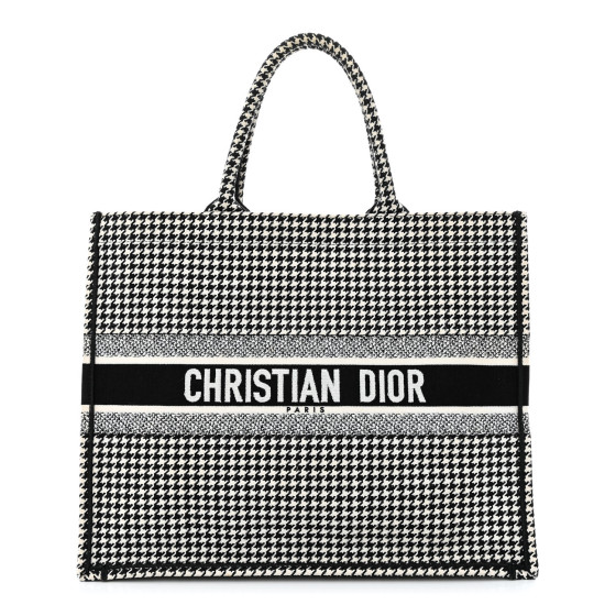 CHRISTIAN DIOR Canvas Houndstooth Embroidered Book Tote Black White