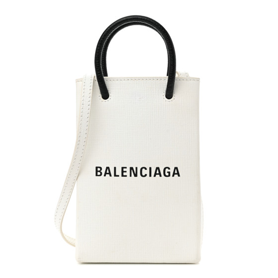 BALENCIAGA Calfskin Logo Shopping Phone Holder Bag White