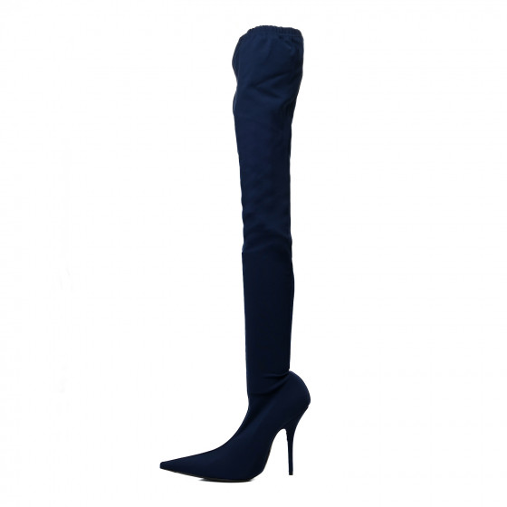 BALENCIAGA Crepe Jersey Pointed Toe Knife Thigh High Boots 38 Bleu Nuit