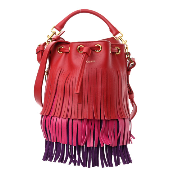 SAINT LAURENT Calfskin Tri-Color Small Emmanuelle Fringe Bucket Bag Red Bubblegum Purple