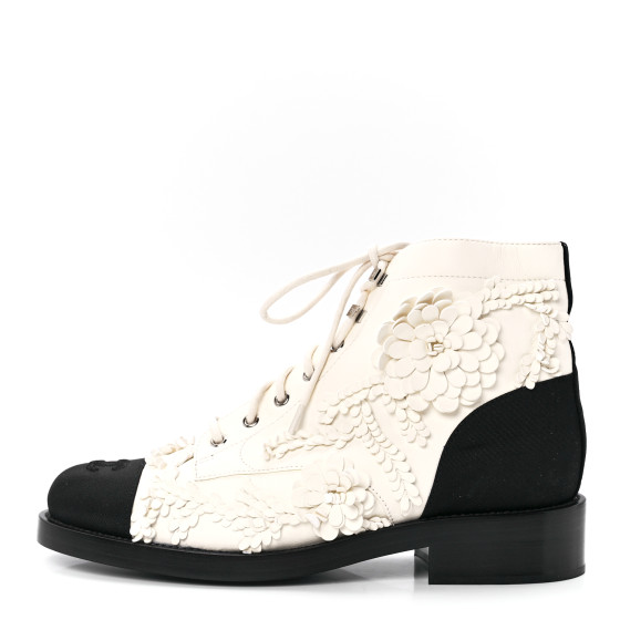CHANEL Embroidered Lambskin Grosgrain Lace Up Boots 41 White Black