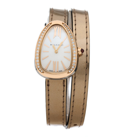 BULGARI Stainless Steel 18K Rose Gold Patent Diamond Bezel Mother of Pearl 20mm Serpenti Double Wrap Quartz Watch