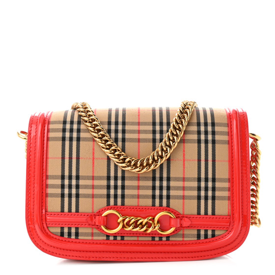 BURBERRY Patent 1983 Knight Check Link Shoulder Bag Bright Red