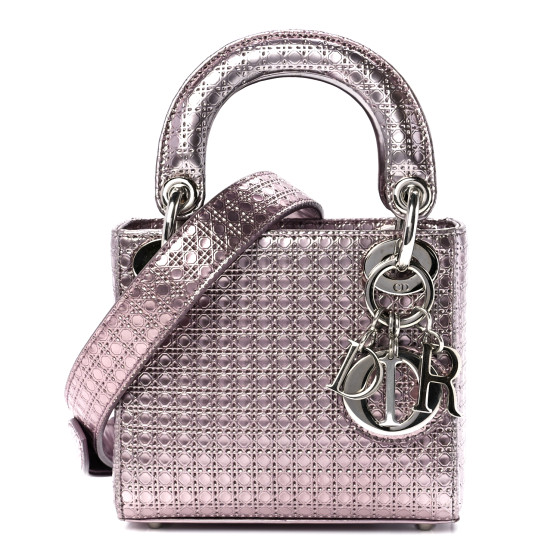 CHRISTIAN DIOR Metallic Patent Micro-Cannage Mini Lady Dior Hyper Pink