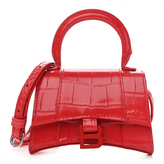 BALENCIAGA Shiny Calfskin Crocodile Embossed Hourglass Top Handle Bag Mini Bright Red