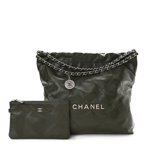 CHANEL Shiny Calfskin Quilted Chanel 22 Khaki