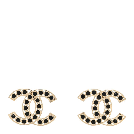 CHANEL Large Strass Crystal CC Earrings Black Gold
