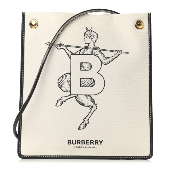 BURBERRY Canvas Mythical Alphabet "B" Faun Print Flat Bag White