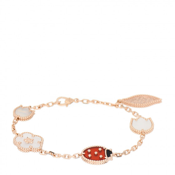 VAN CLEEF & ARPELS 18K Rose Gold Carnelian Mother of Pearl Onyx 5 Motifs Lucky Spring Bracelet