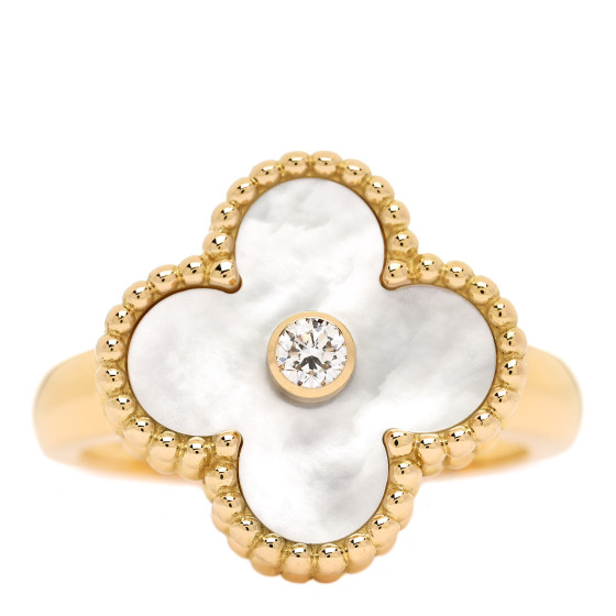 VAN CLEEF & ARPELS 18K Yellow Gold Diamond Mother of Pearl Vintage Alhambra Ring 50 5.25