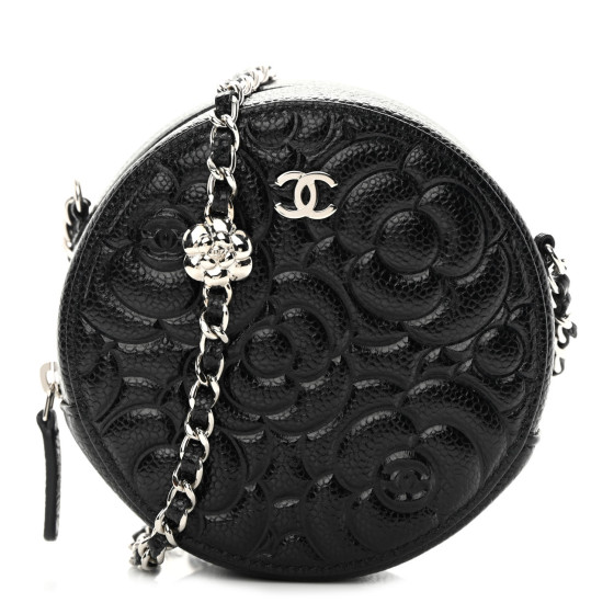 CHANEL Caviar Camellia Embossed Round Clutch With Chain Black